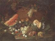 unknow artist Still life of a watermelon,red and white grapes,figs,cherries,mushrooms,a melon,and a basket with vine-leaves,upon a ledge oil painting artist